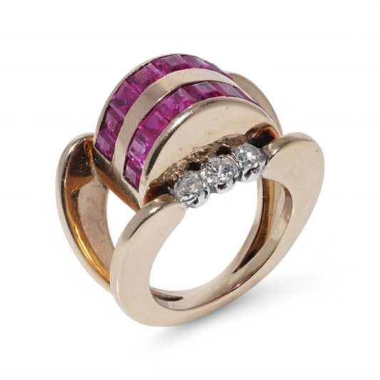 Vintage Retro Ruby And Old Cut Diamond Ring In 18 Carat Yellow Gold And Silver