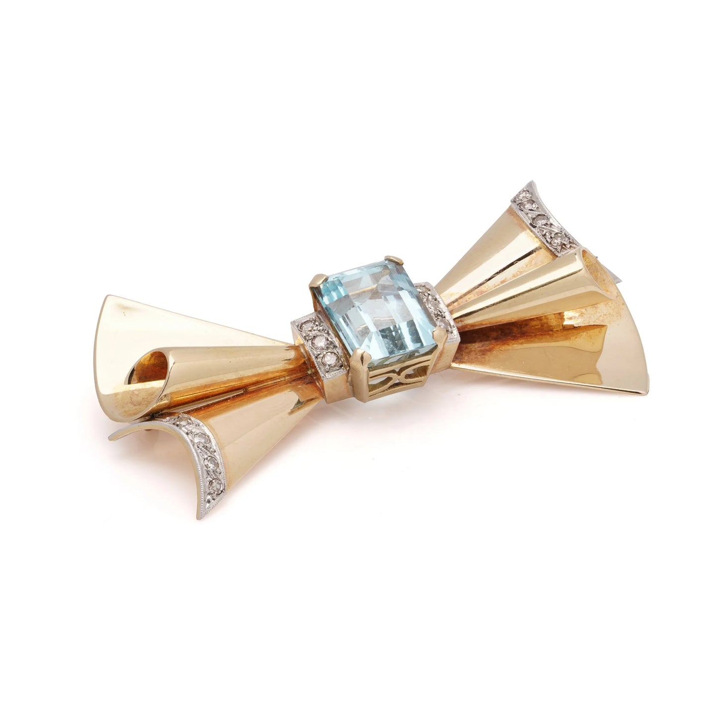 Retro 18 Carat Gold And Platinum Bow Brooch With 6.00 ct Aquamarine And Diamonds
