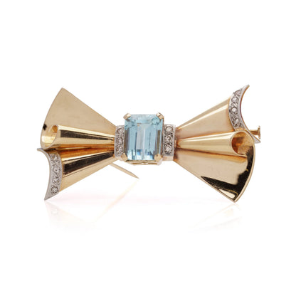 Retro 18 Carat Gold And Platinum Bow Brooch With 6.00 ct Aquamarine And Diamonds