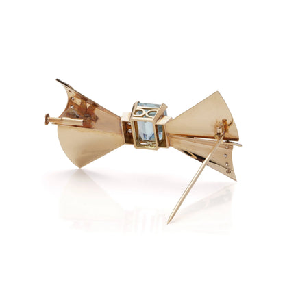 Retro 18 Carat Gold And Platinum Bow Brooch With 6.00 ct Aquamarine And Diamonds