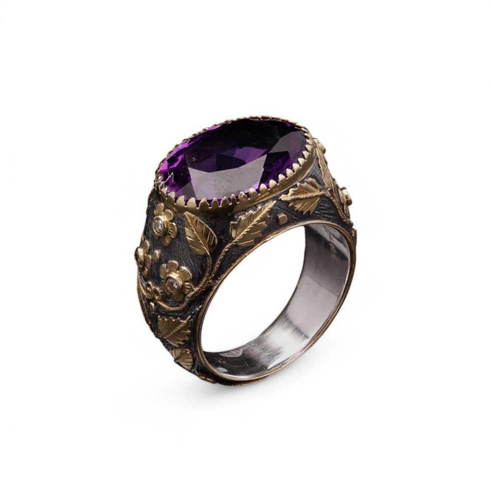 Vintage 10 Carat Amethyst Dome Ring In 18 Carat Gold And Silver