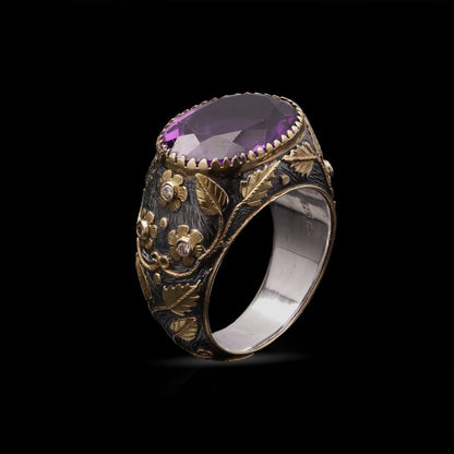 Vintage 10 Carat Amethyst Dome Ring In 18 Carat Gold And Silver