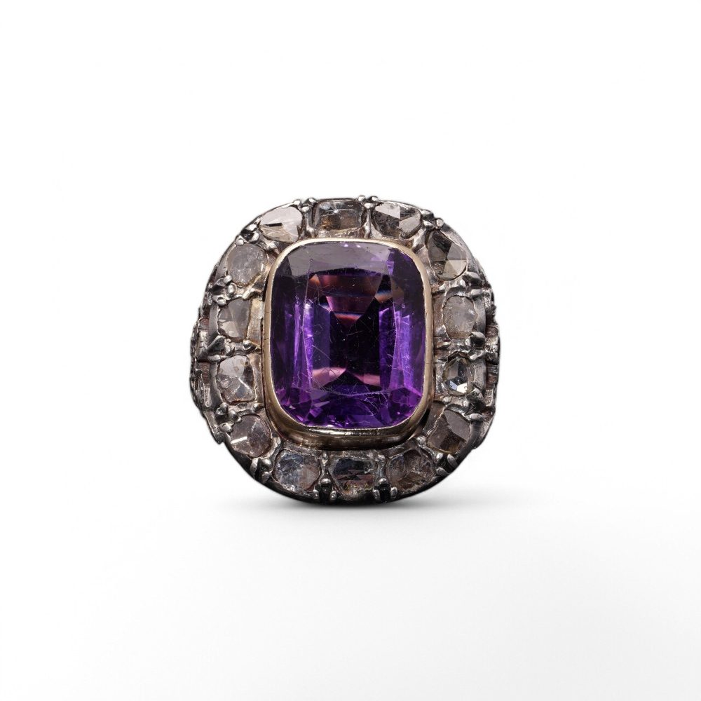 Victorian 9 Carat Gold And Silver 10 Carat Amethyst And Diamond Ring