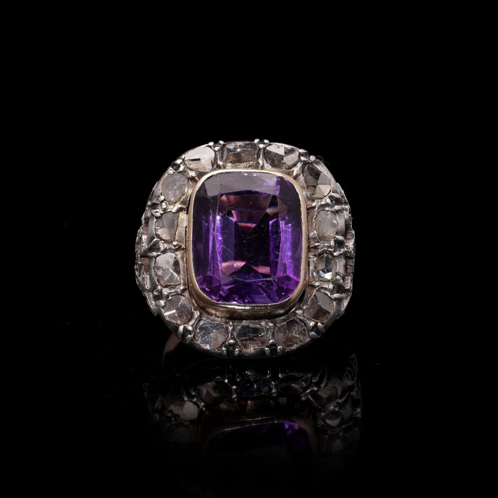 Victorian 9 Carat Gold And Silver 10 Carat Amethyst And Diamond Ring