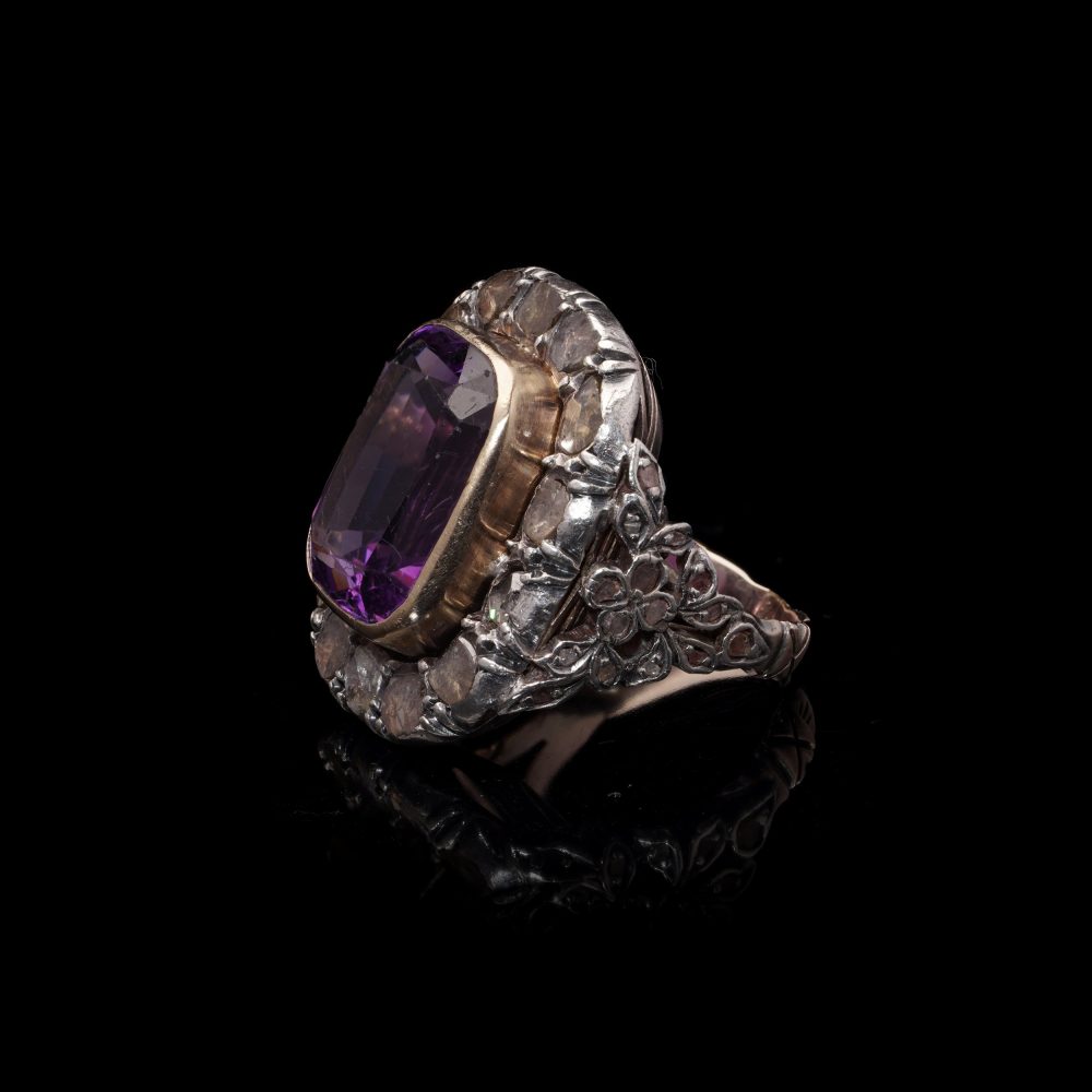Victorian 9 Carat Gold And Silver 10 Carat Amethyst And Diamond Ring