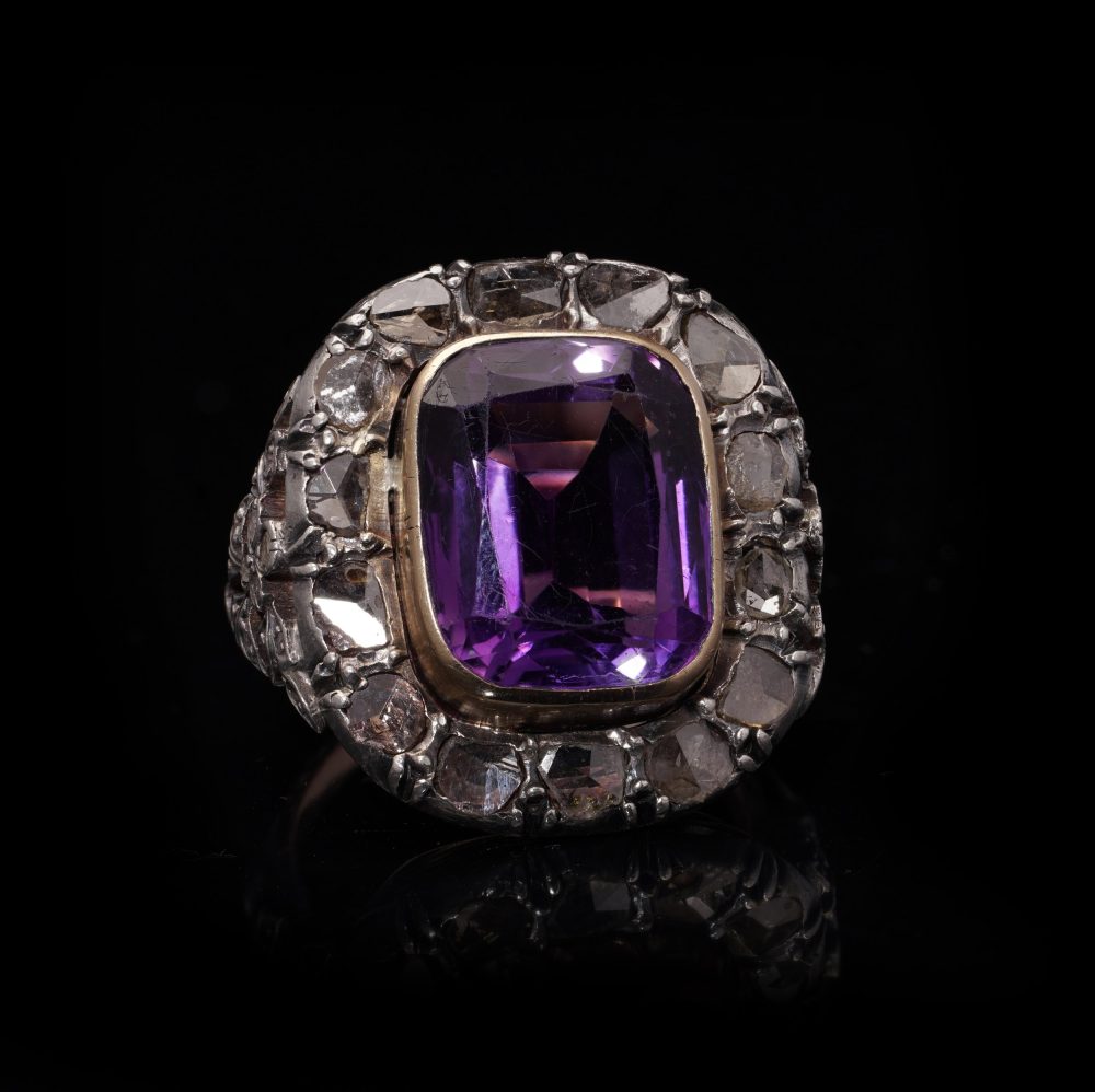 Victorian 9 Carat Gold And Silver 10 Carat Amethyst And Diamond Ring