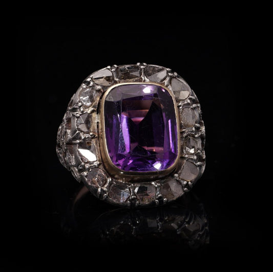 Victorian 9 Carat Gold And Silver 10 Carat Amethyst And Diamond Ring