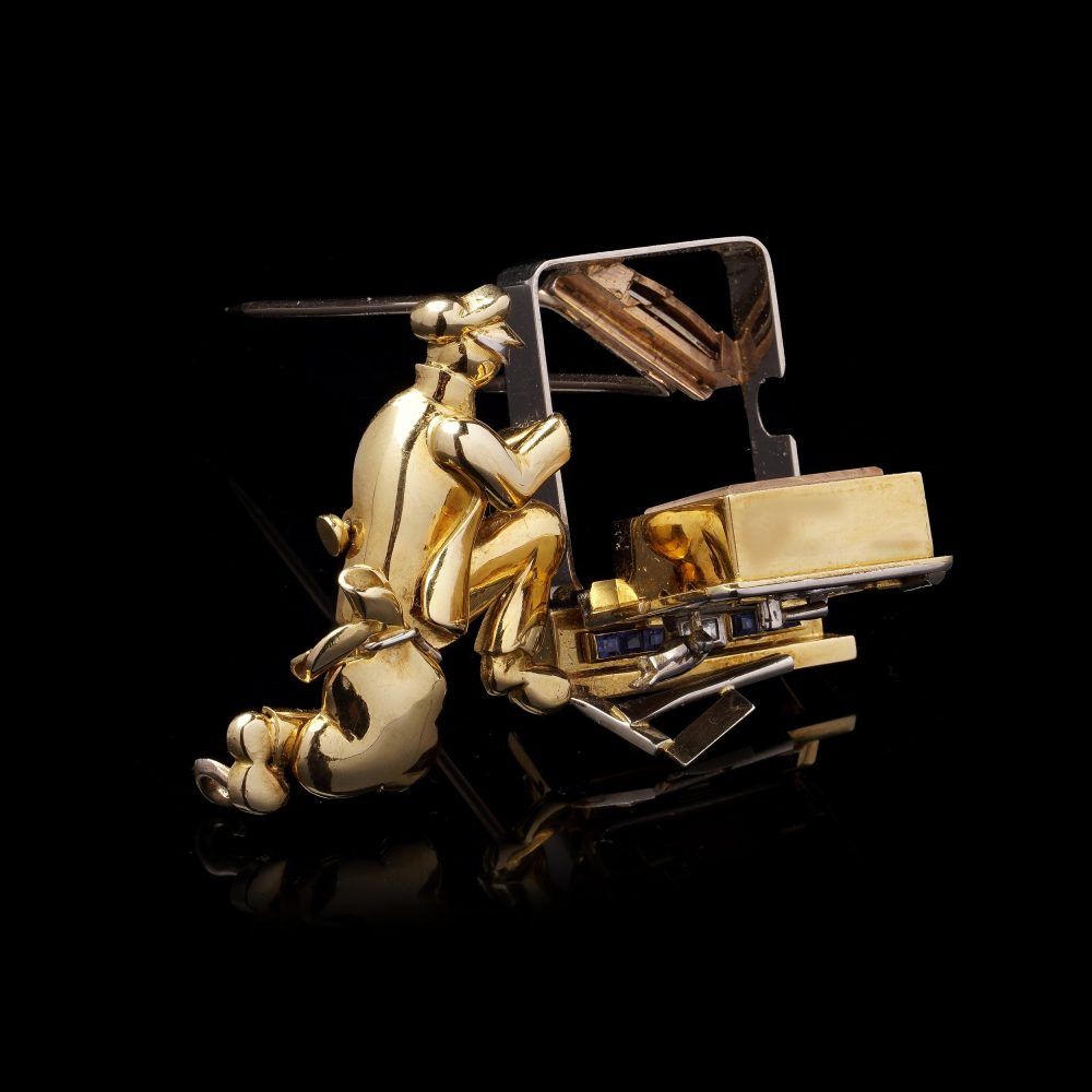 Vintage 18 Carat Yellow Gold And Gem-Set Mechanical “Stealing Time” Brooch Watch