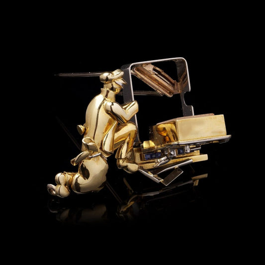 Vintage 18 Carat Yellow Gold And Gem-Set Mechanical “Stealing Time” Brooch Watch