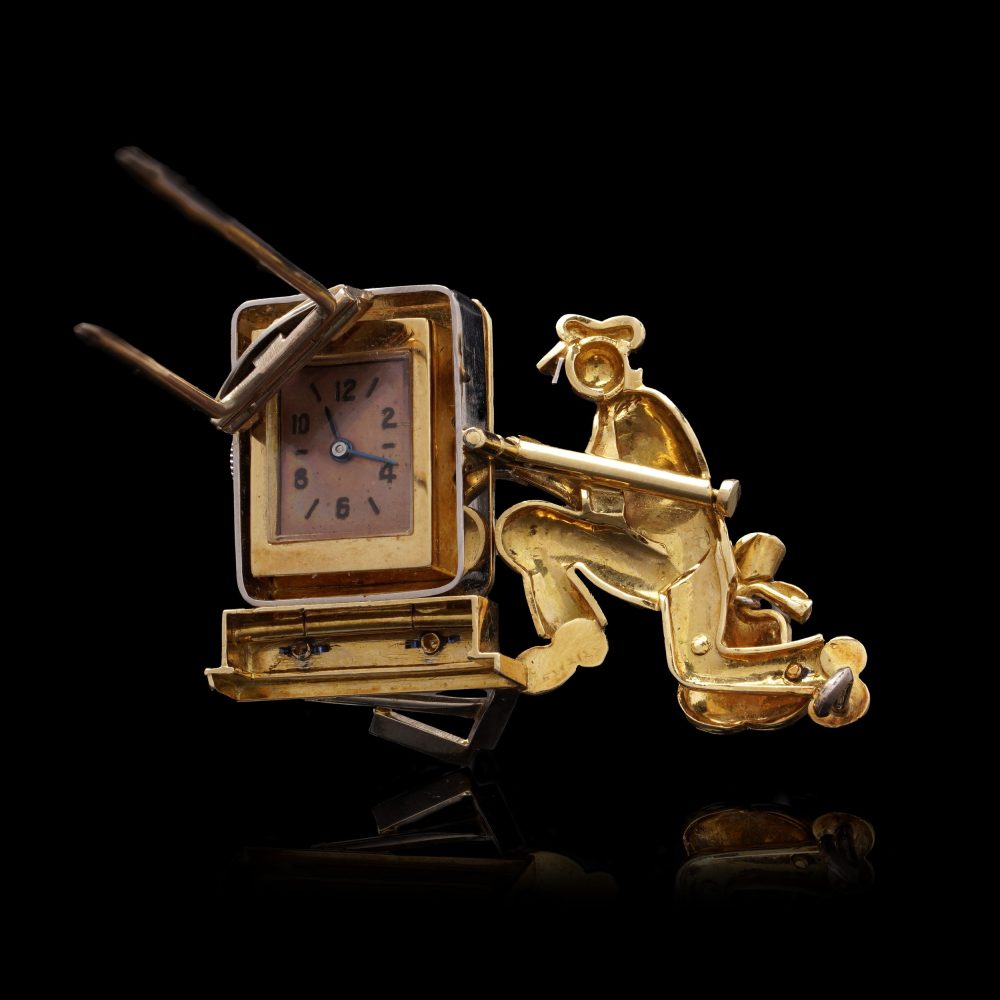 Vintage 18 Carat Yellow Gold And Gem-Set Mechanical “Stealing Time” Brooch Watch
