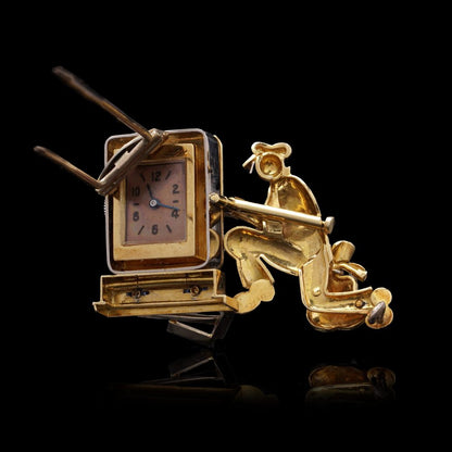Vintage 18 Carat Yellow Gold And Gem-Set Mechanical “Stealing Time” Brooch Watch