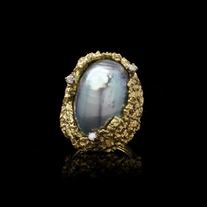 Alan Martin Gard Blister Pearl And Diamond Ring In 18 Carat Yellow Gold
