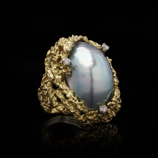 Alan Martin Gard Blister Pearl And Diamond Ring In 18 Carat Yellow Gold