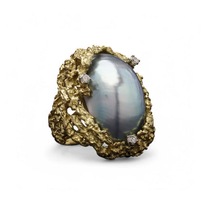 Alan Martin Gard Blister Pearl And Diamond Ring In 18 Carat Yellow Gold