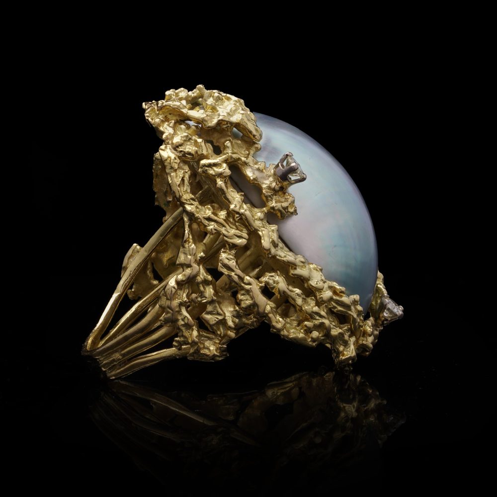 Alan Martin Gard Blister Pearl And Diamond Ring In 18 Carat Yellow Gold