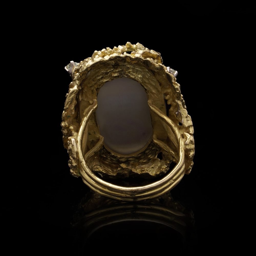 Alan Martin Gard Blister Pearl And Diamond Ring In 18 Carat Yellow Gold