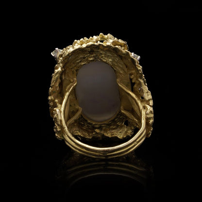 Alan Martin Gard Blister Pearl And Diamond Ring In 18 Carat Yellow Gold