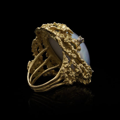 Alan Martin Gard Blister Pearl And Diamond Ring In 18 Carat Yellow Gold