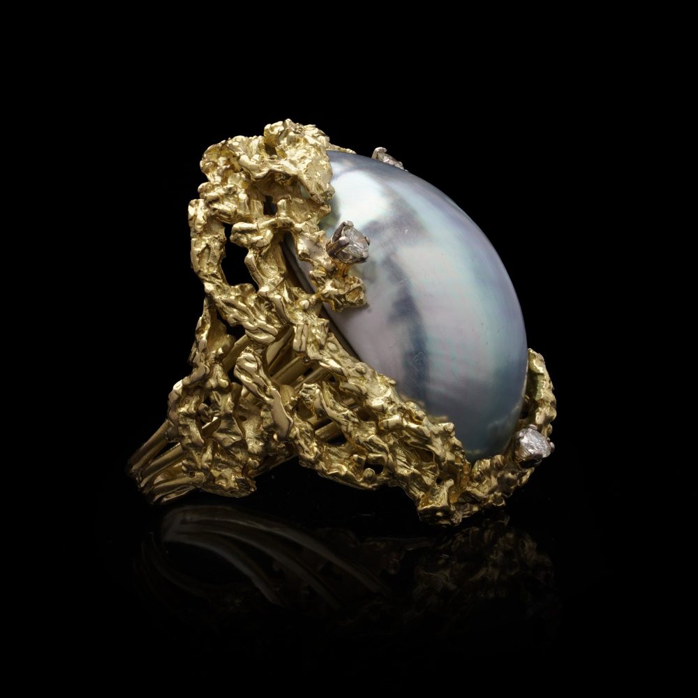 Alan Martin Gard Blister Pearl And Diamond Ring In 18 Carat Yellow Gold