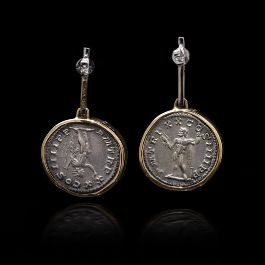 18 Carat Yellow Gold And Silver Roman Coin Earrings With Diamonds
