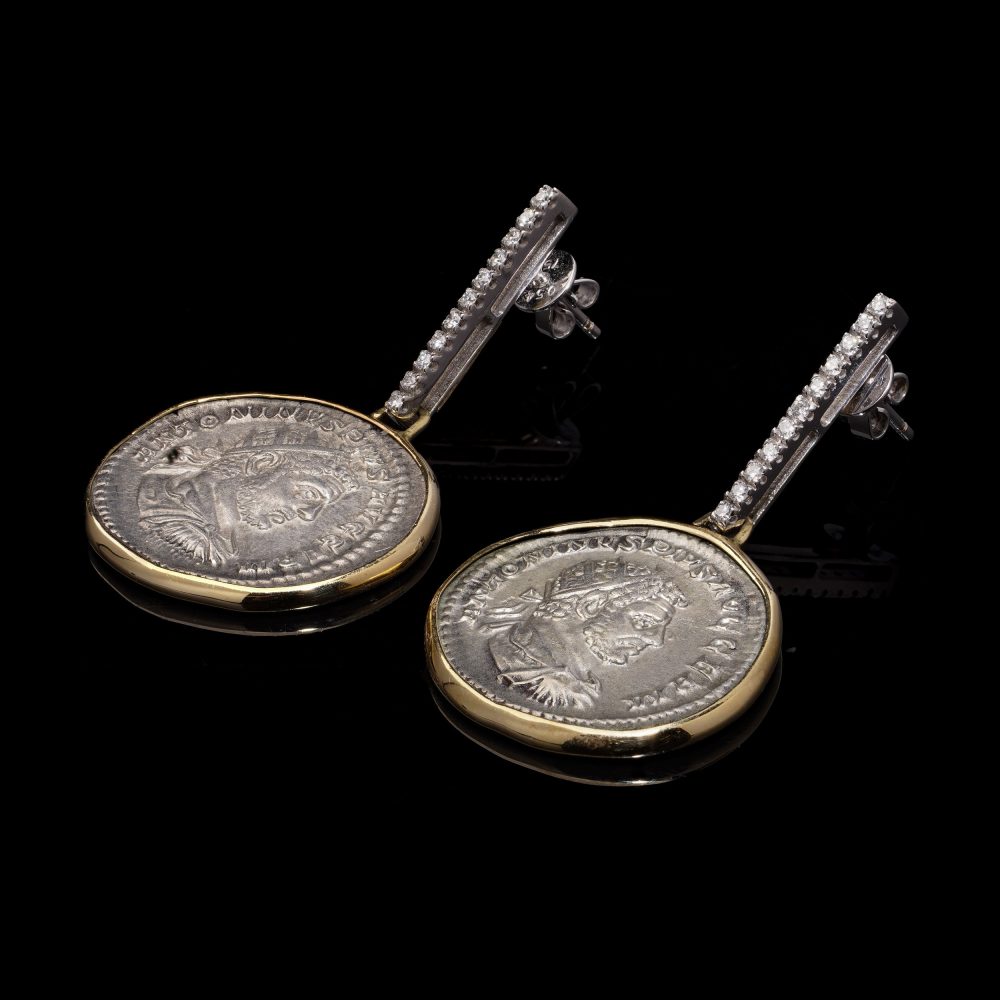18 Carat Yellow Gold And Silver Roman Coin Earrings With Diamonds