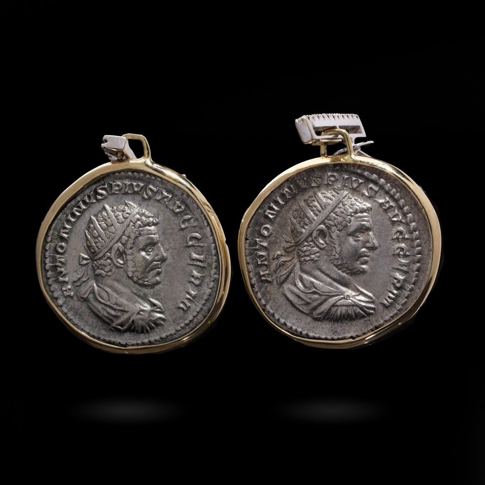 18 Carat Yellow Gold And Silver Roman Coin Earrings With Diamonds