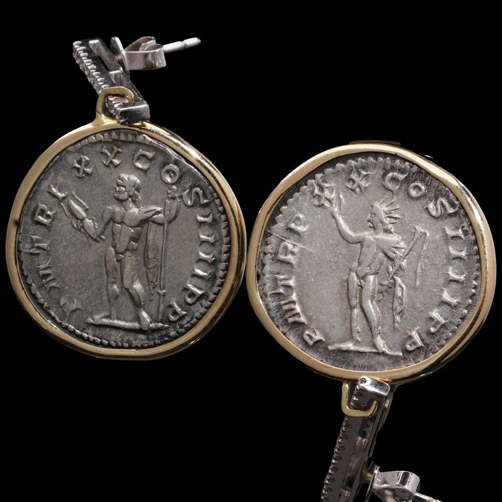 18 Carat Yellow Gold And Silver Roman Coin Earrings With Diamonds