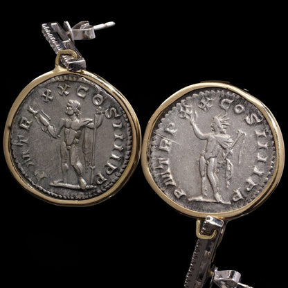 18 Carat Yellow Gold And Silver Roman Coin Earrings With Diamonds