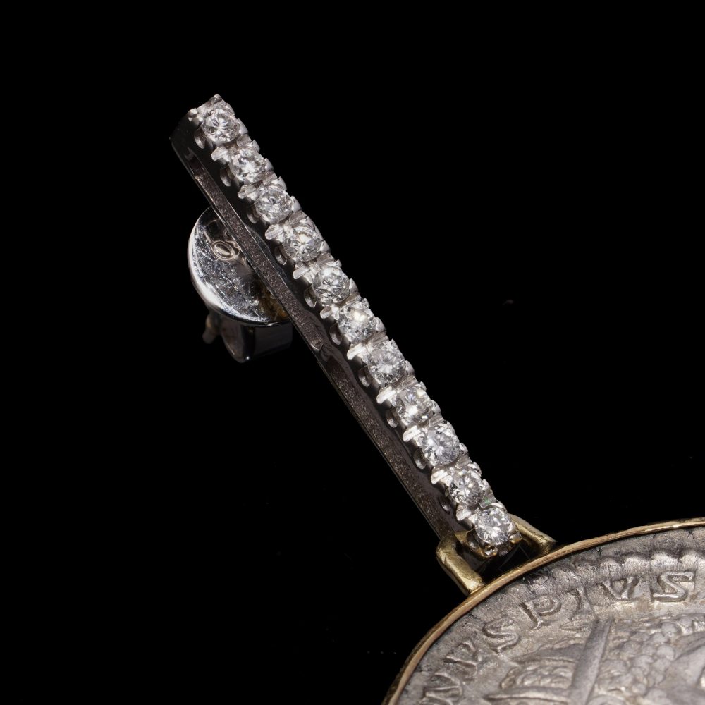 18 Carat Yellow Gold And Silver Roman Coin Earrings With Diamonds