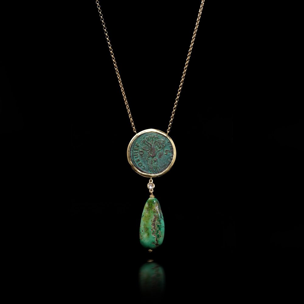 18 Carat Yellow Gold Necklace With Trajan Coin, Turquoise Drop And Diamond