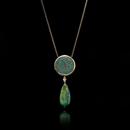 18 Carat Yellow Gold Necklace With Trajan Coin, Turquoise Drop And Diamond