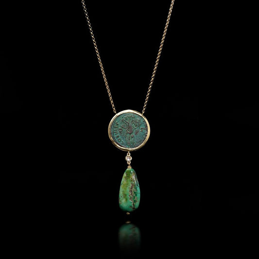 18 Carat Yellow Gold Necklace With Trajan Coin, Turquoise Drop And Diamond