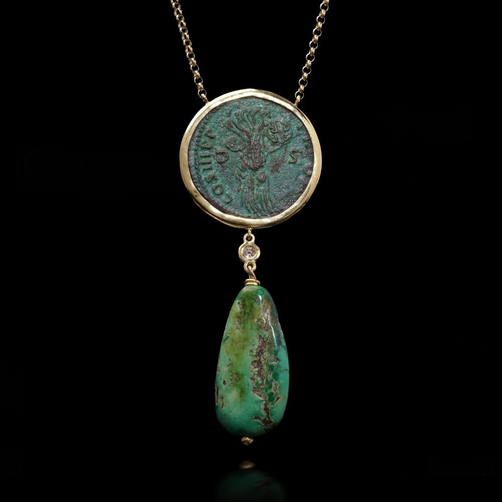 18 Carat Yellow Gold Necklace With Trajan Coin, Turquoise Drop And Diamond