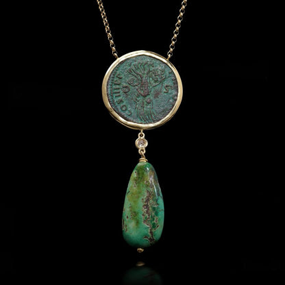 18 Carat Yellow Gold Necklace With Trajan Coin, Turquoise Drop And Diamond