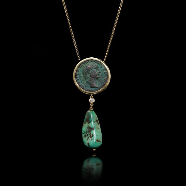 18 Carat Yellow Gold Necklace With Trajan Coin, Turquoise Drop And Diamond