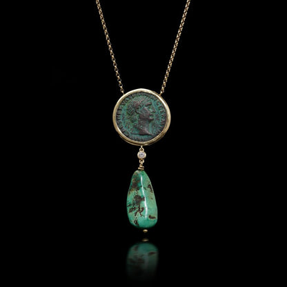 18 Carat Yellow Gold Necklace With Trajan Coin, Turquoise Drop And Diamond