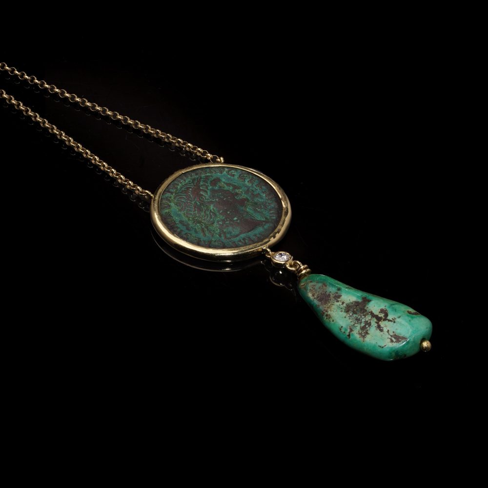18 Carat Yellow Gold Necklace With Trajan Coin, Turquoise Drop And Diamond