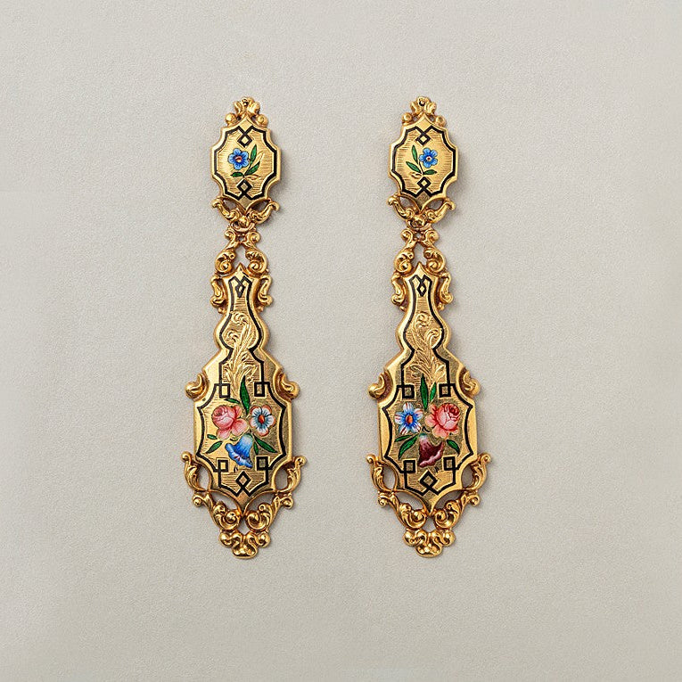 Antique French Gold Drop Day and Night Earrings with Enamel