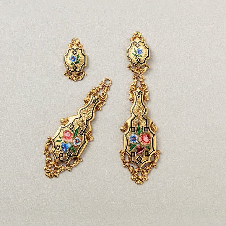 Antique French Gold Drop Day and Night Earrings with Enamel