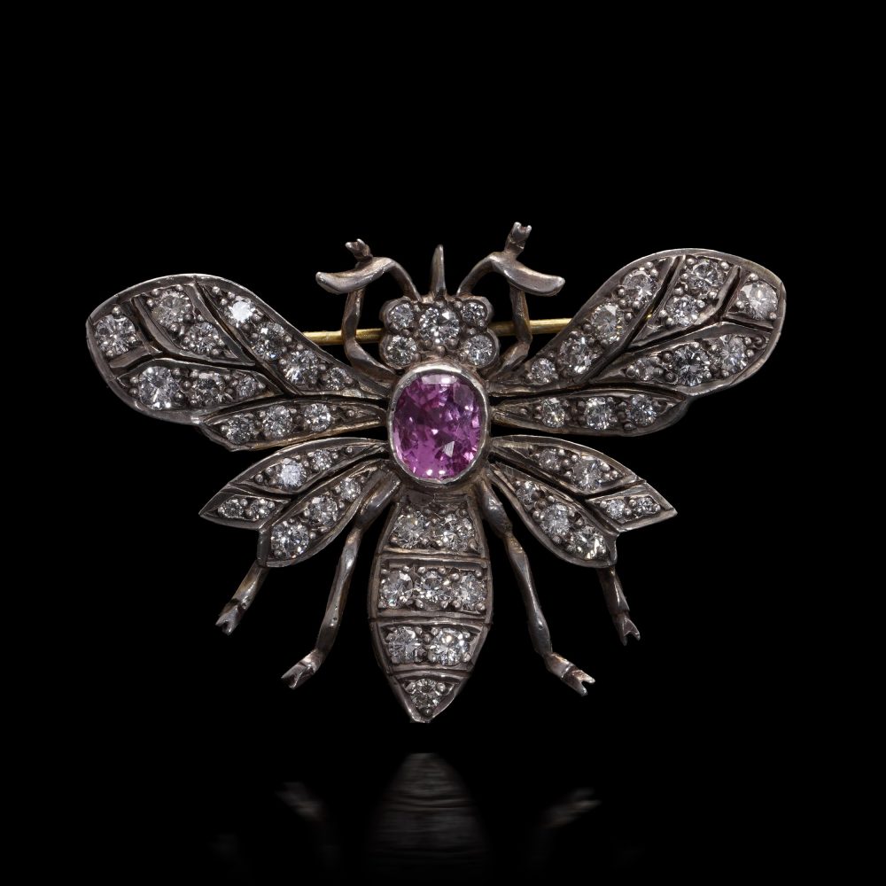 Edwardian Gold And Silver Pink Sapphire And Diamond Insect Brooch