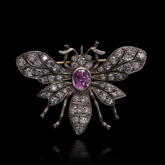 Edwardian Gold And Silver Pink Sapphire And Diamond Insect Brooch