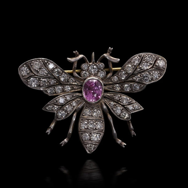 Edwardian Gold And Silver Pink Sapphire And Diamond Insect Brooch
