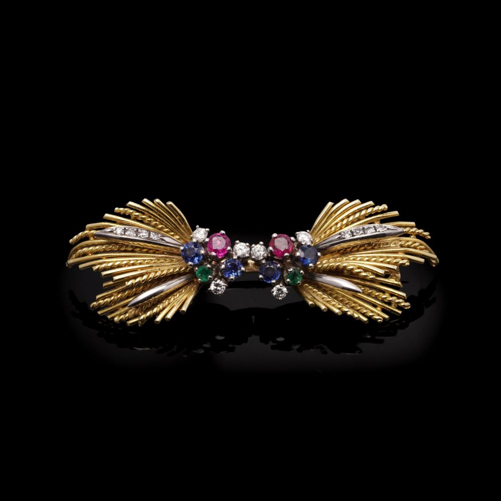 Vintage Multi-Gemstone And Diamond Bow Brooch In 18 Carat Yellow And White Gold