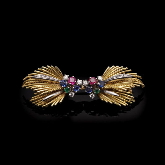 Vintage Multi-Gemstone And Diamond Bow Brooch In 18 Carat Yellow And White Gold