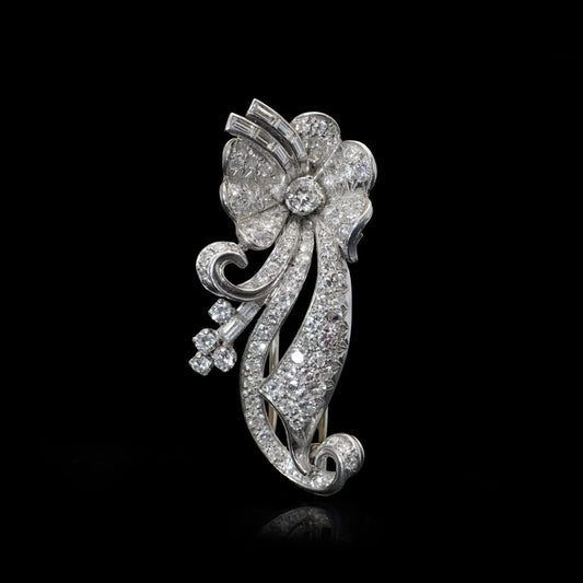 Vintage Diamond Flower Spray Brooch In Platinum