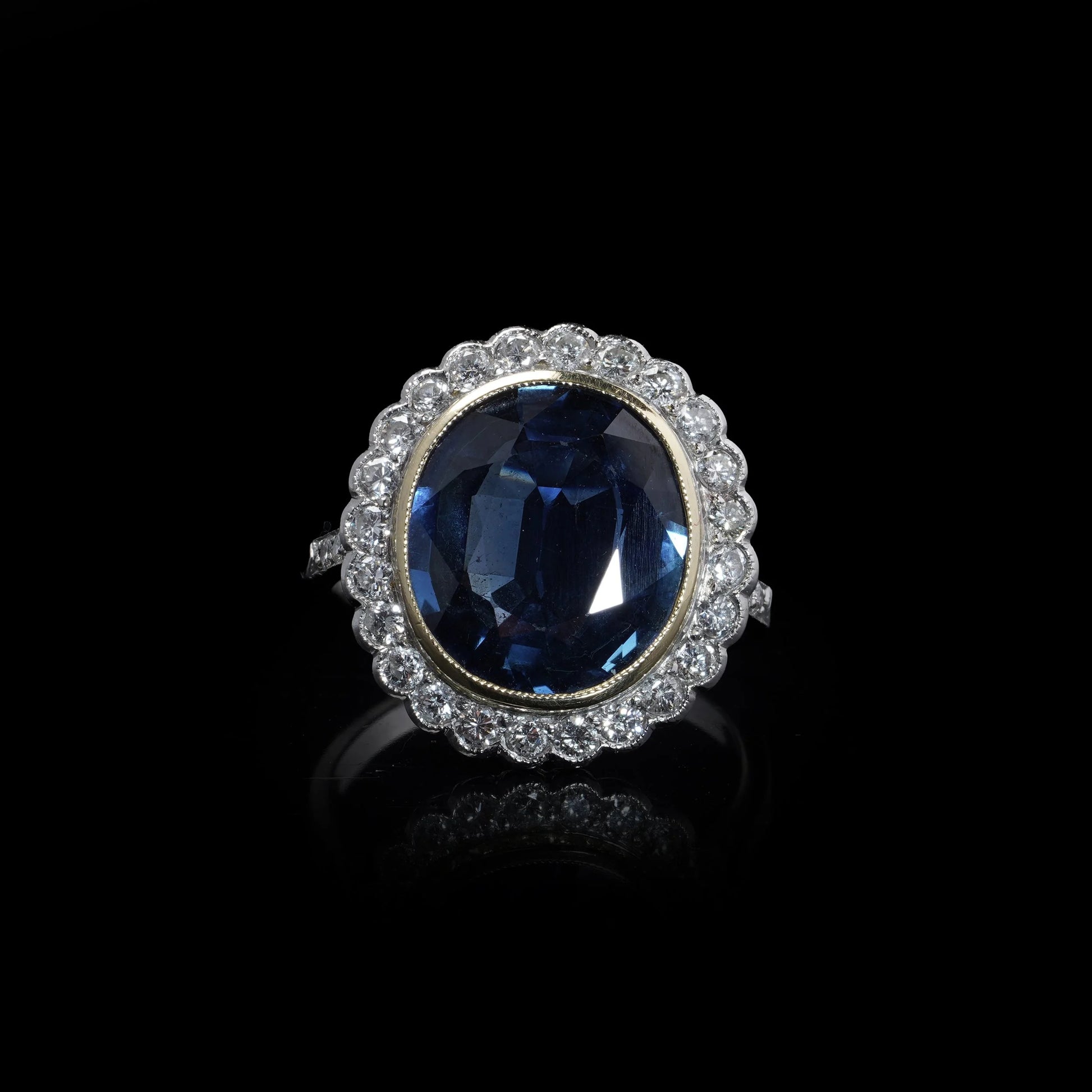 Cluster Ring with 6.00 ct. Unheated Blue Sapphire & Diamonds