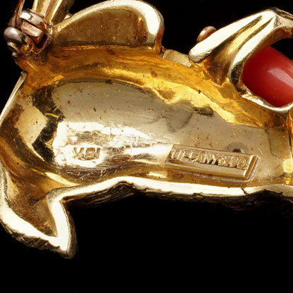 Tiffany & Co. 18 Carat Yellow Gold Bunny Brooch With Coral Carrot And Ruby Eye