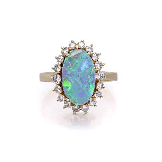 Black Opal and Diamond Cluster Engagement Ring in 18ct Gold