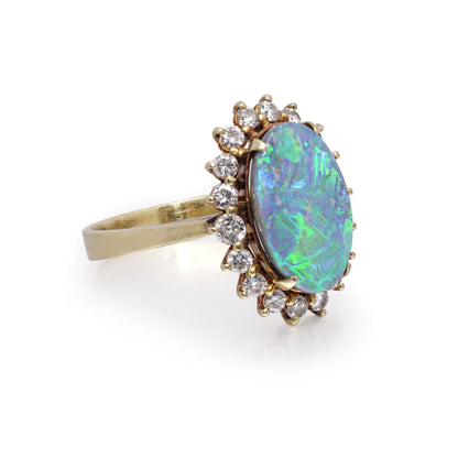 Black Opal and Diamond Cluster Engagement Ring in 18ct Gold