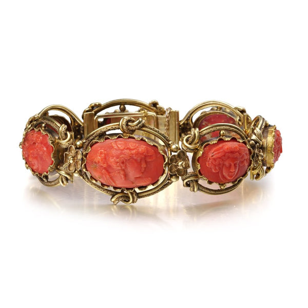 Antique Italian Carved Coral Bracelet In 18 Carat Yellow Gold